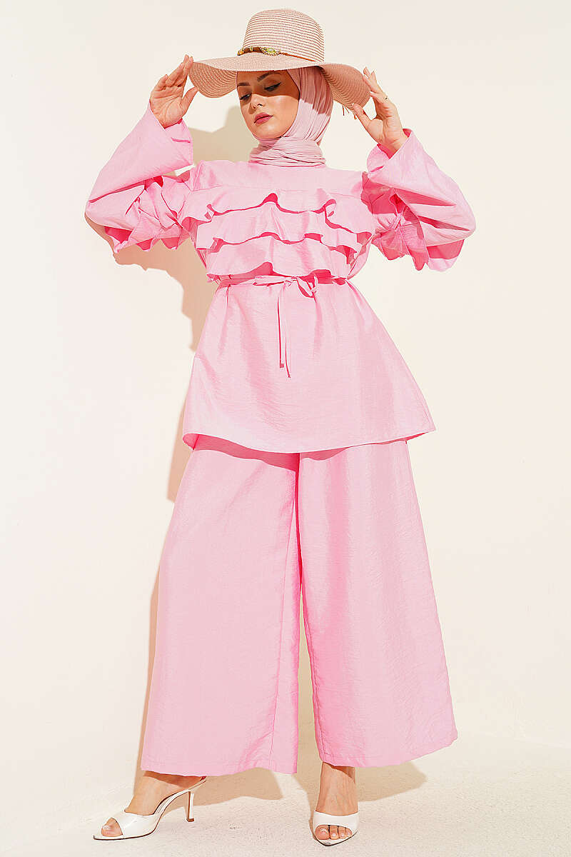 Ruffle Tunic Set with Tie Belt - Pink