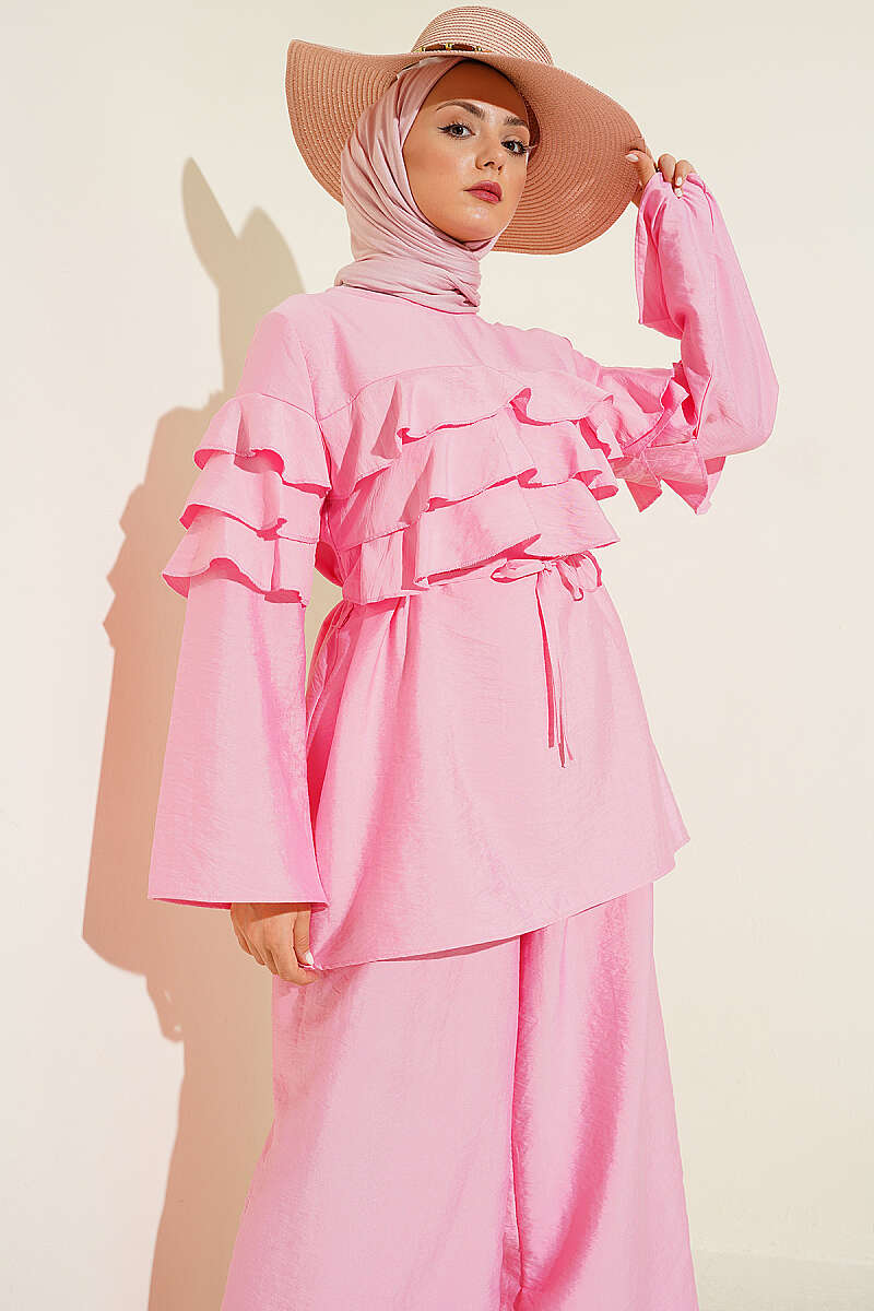Ruffle Tunic Set with Tie Belt - Pink