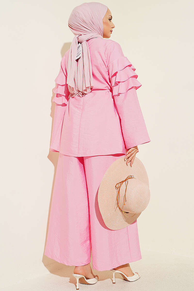 Ruffle Tunic Set with Tie Belt - Pink