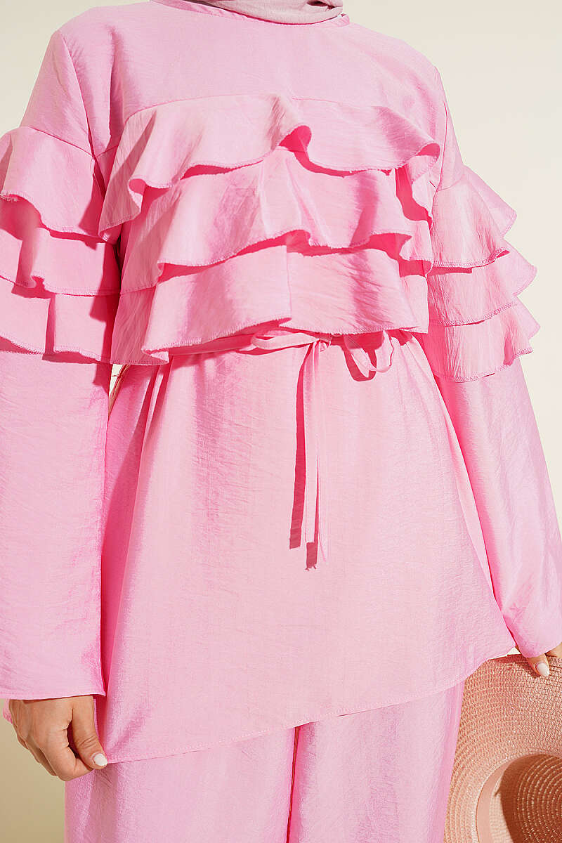 Ruffle Tunic Set with Tie Belt - Pink