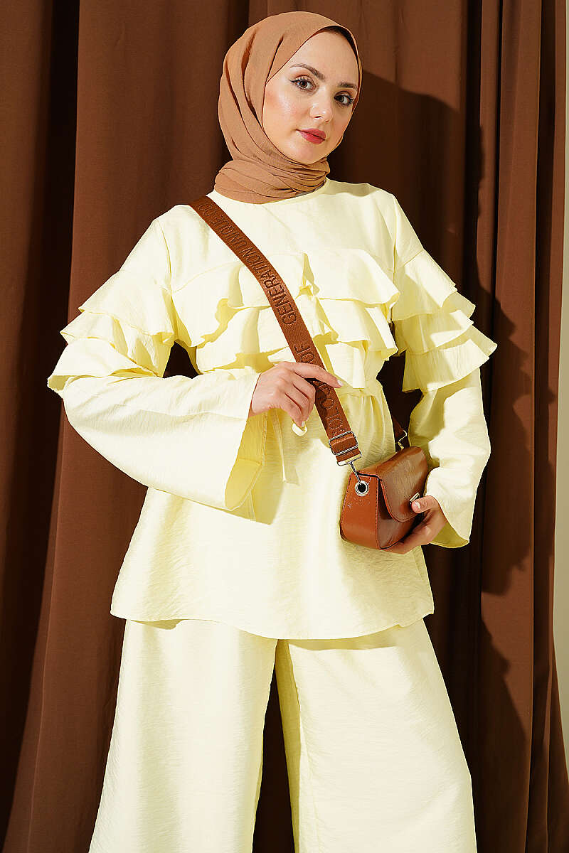 Ruffle Tunic Set with Tie Belt - Yellow