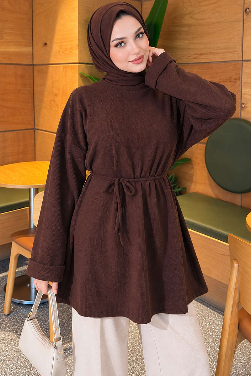 Ribbed Tunic with Cord Belt - Brown