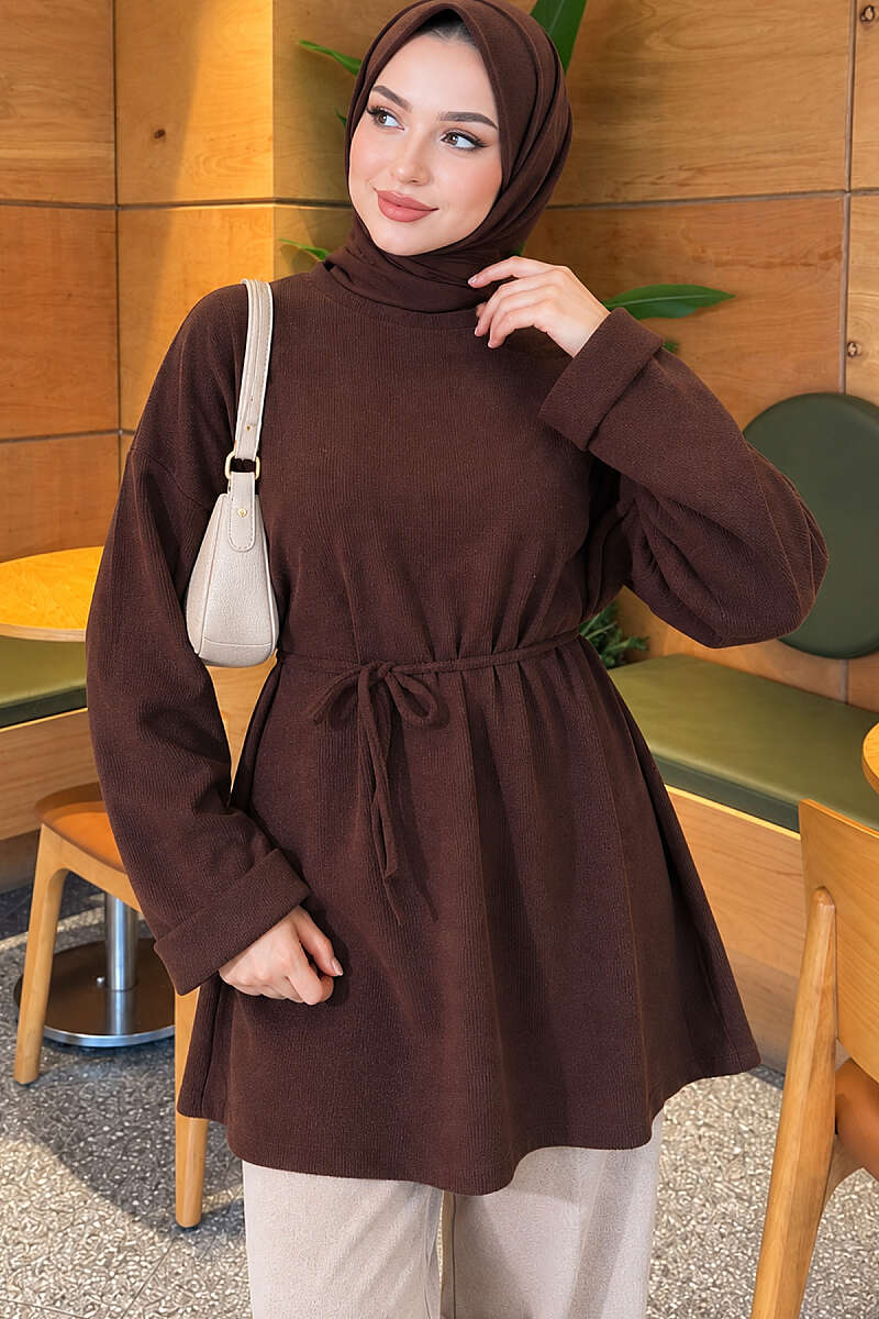 Ribbed Tunic with Cord Belt - Brown