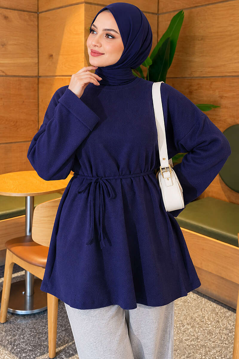 Ribbed Tunic with Cord Belt - Navy