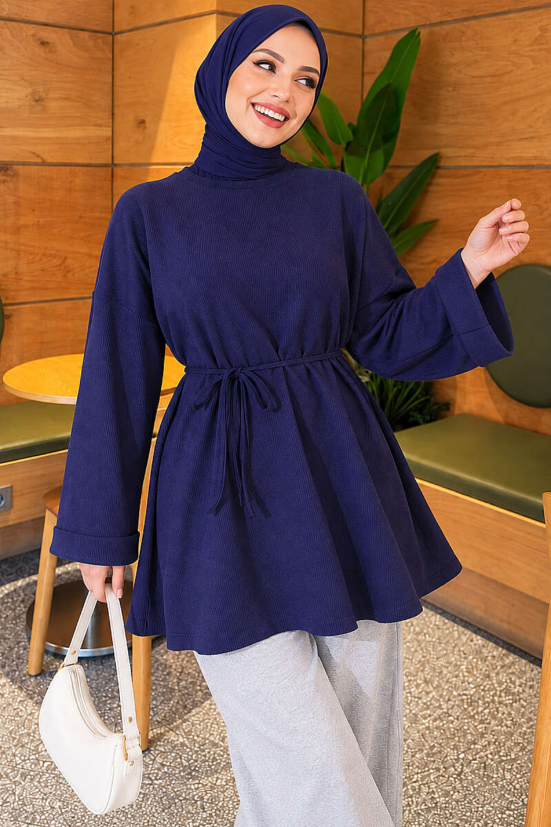 Ribbed Tunic with Cord Belt - Navy
