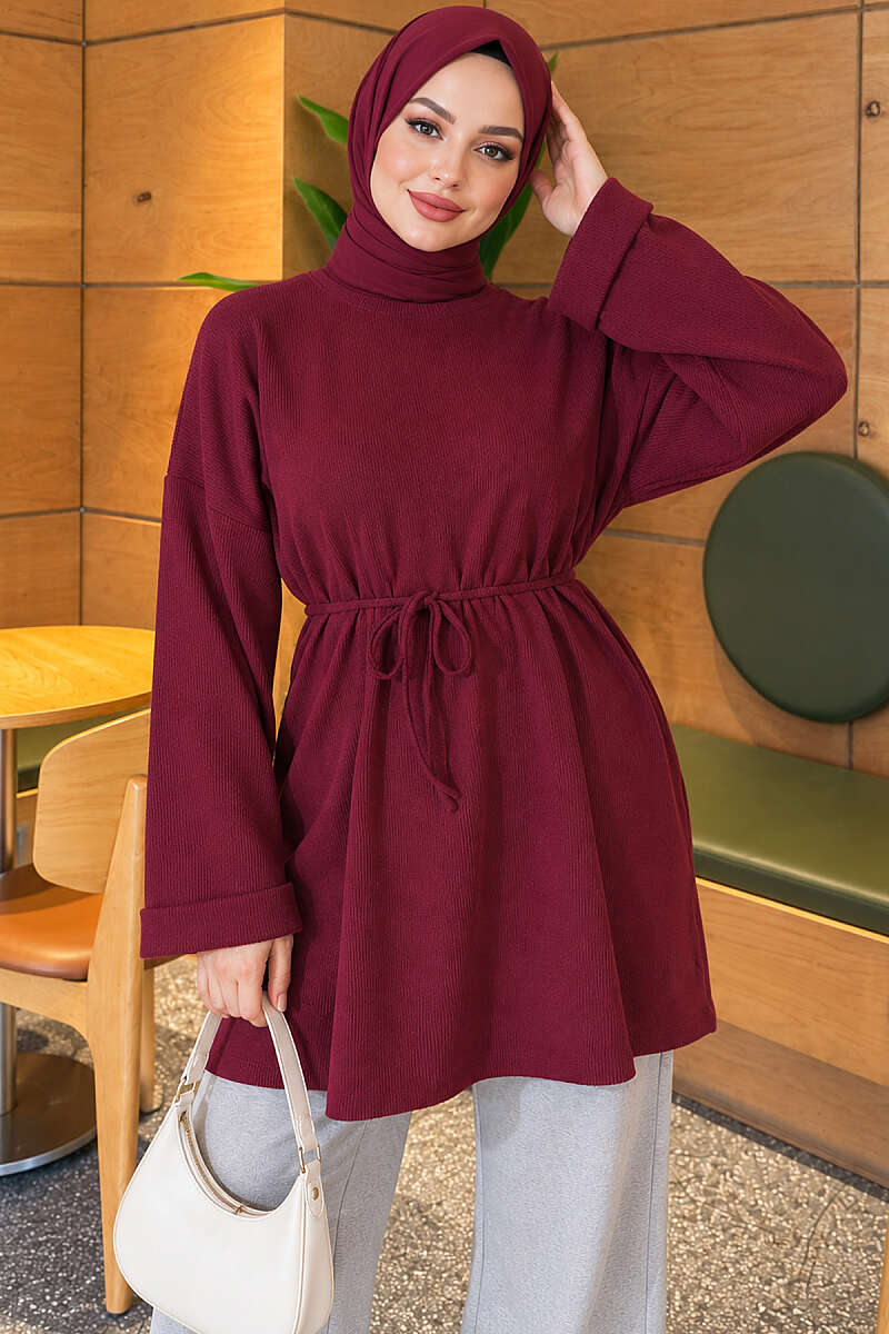 Ribbed Tunic with Cord Belt - Plum