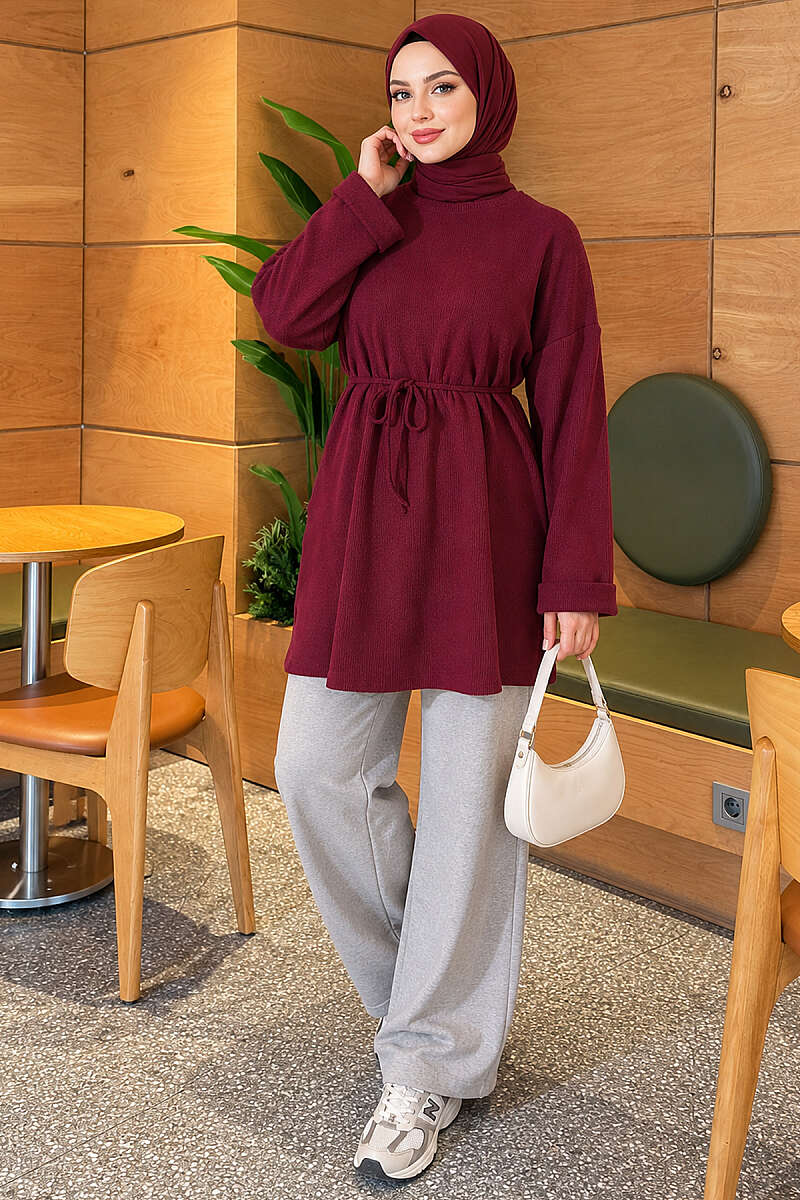 Ribbed Tunic with Cord Belt - Plum