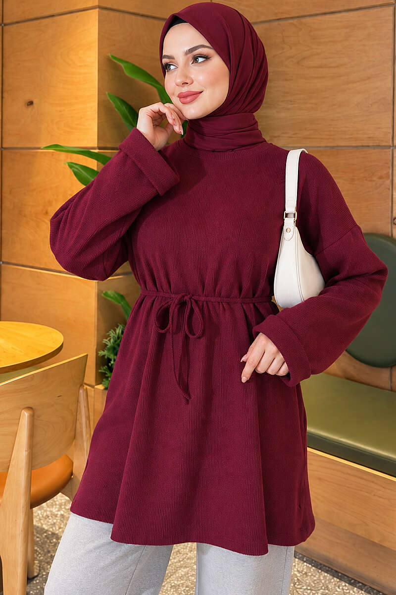 Ribbed Tunic with Cord Belt - Plum