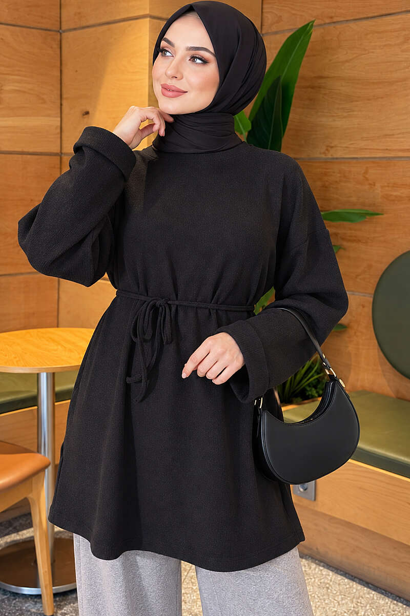 Ribbed Tunic with Cord Belt - Black
