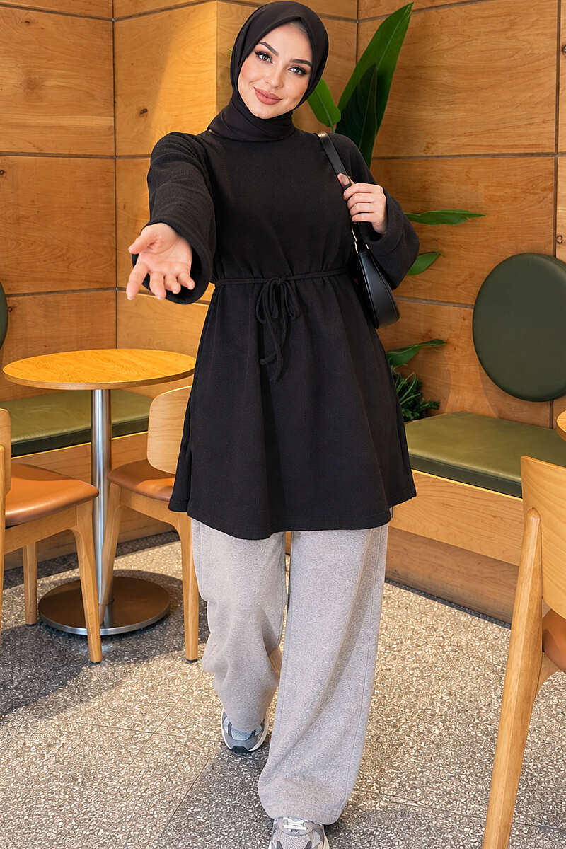 Ribbed Tunic with Cord Belt - Black