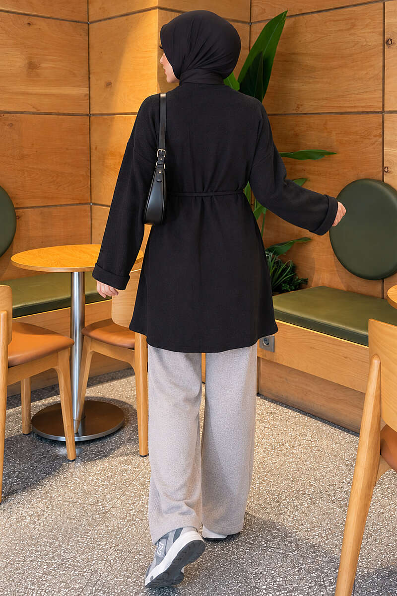 Ribbed Tunic with Cord Belt - Black