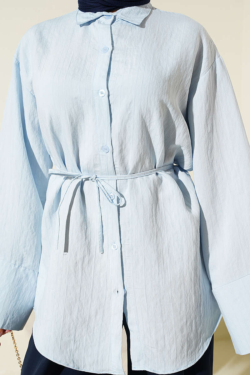 Wide-Sleeve Modal Shirt with Cord Belt - Ice Blue
