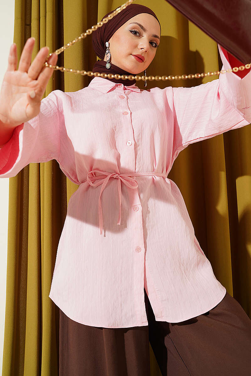 Wide-Sleeve Modal Shirt with Cord Belt - Pink