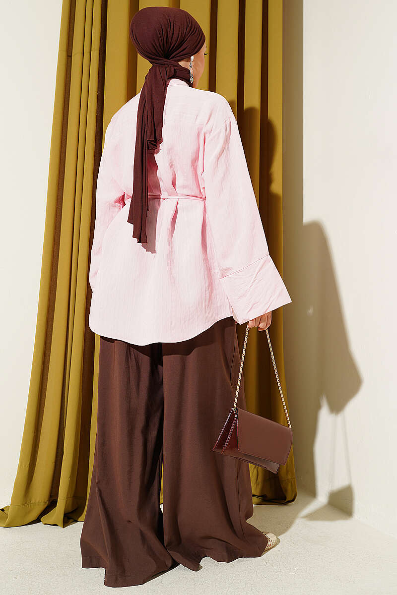Wide-Sleeve Modal Shirt with Cord Belt - Pink