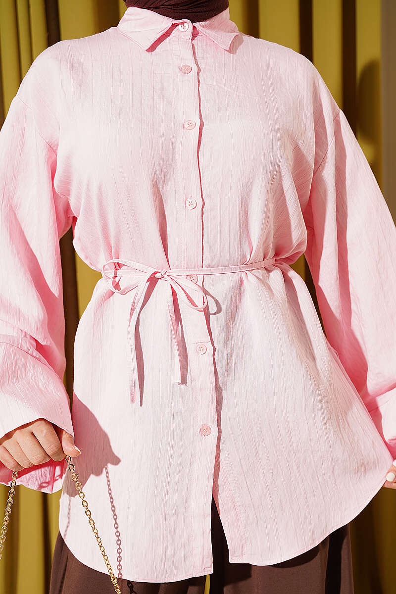 Wide-Sleeve Modal Shirt with Cord Belt - Pink