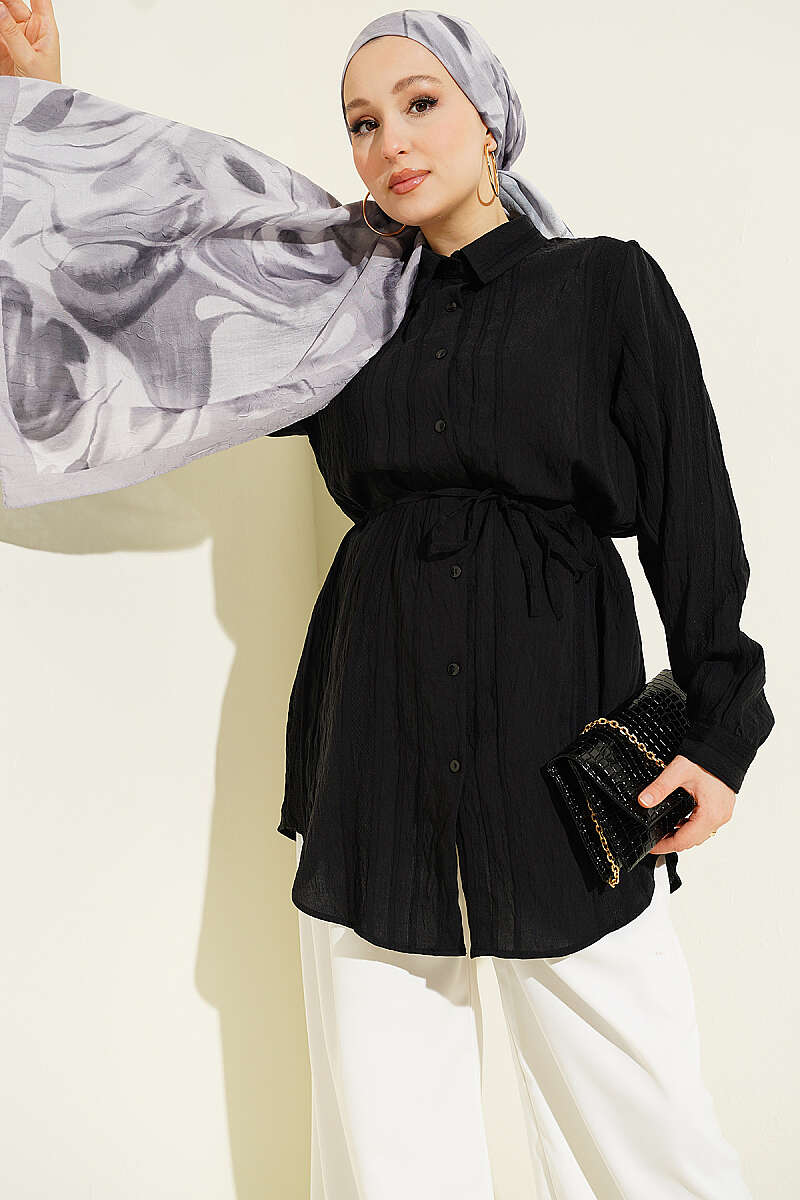 Textured Stripe Shirt with Cord Belt - Black