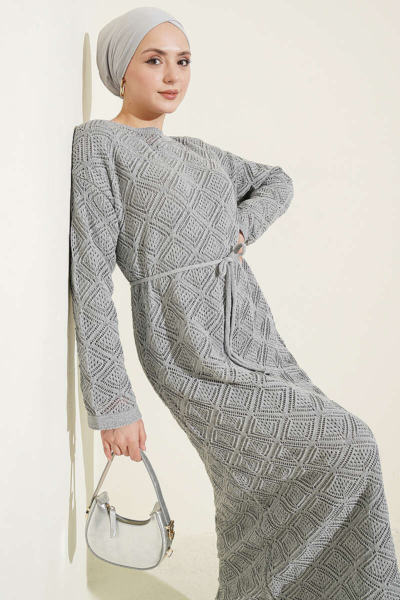 Square Pointelle Knit Dress with Cord Belt - Grey