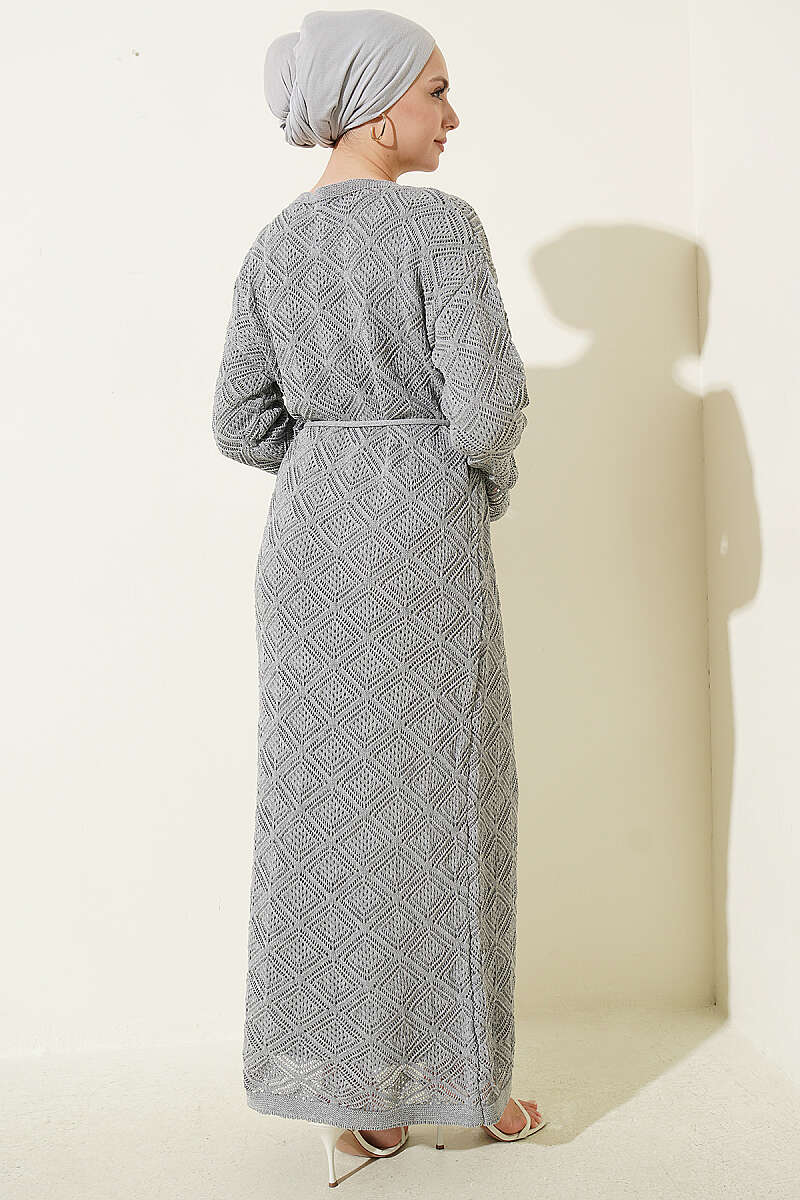 Square Pointelle Knit Dress with Cord Belt - Grey