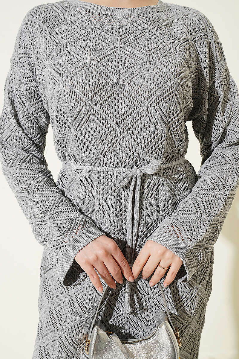 Square Pointelle Knit Dress with Cord Belt - Grey