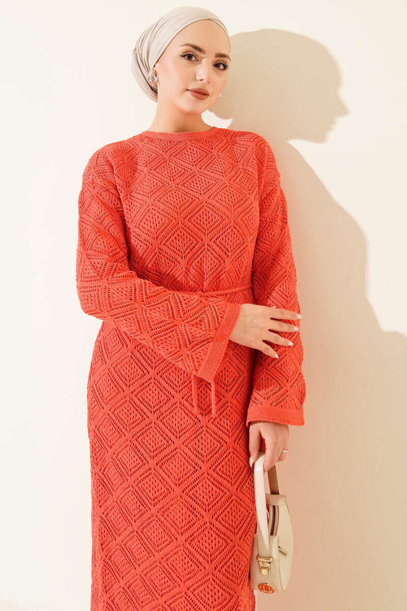 Square Pointelle Knit Dress with Cord Belt - Dusty Rose