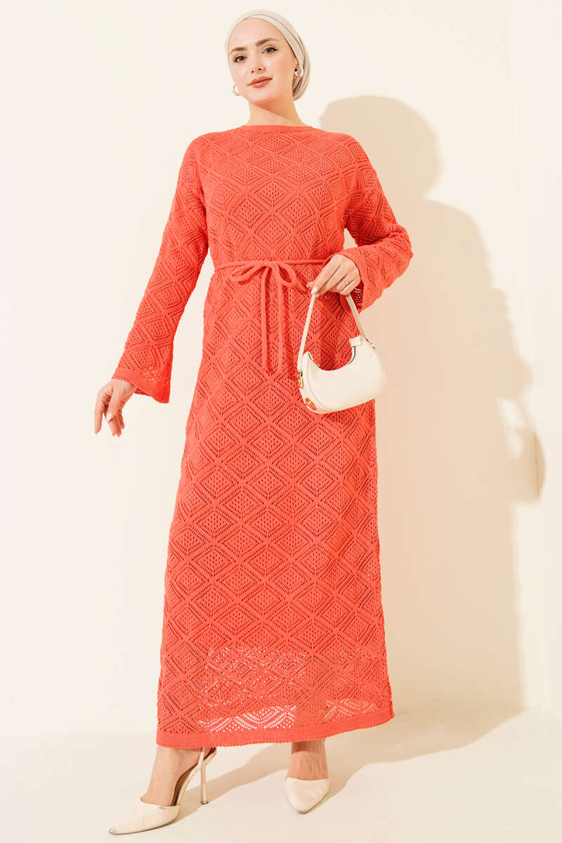 Square Pointelle Knit Dress with Cord Belt - Dusty Rose