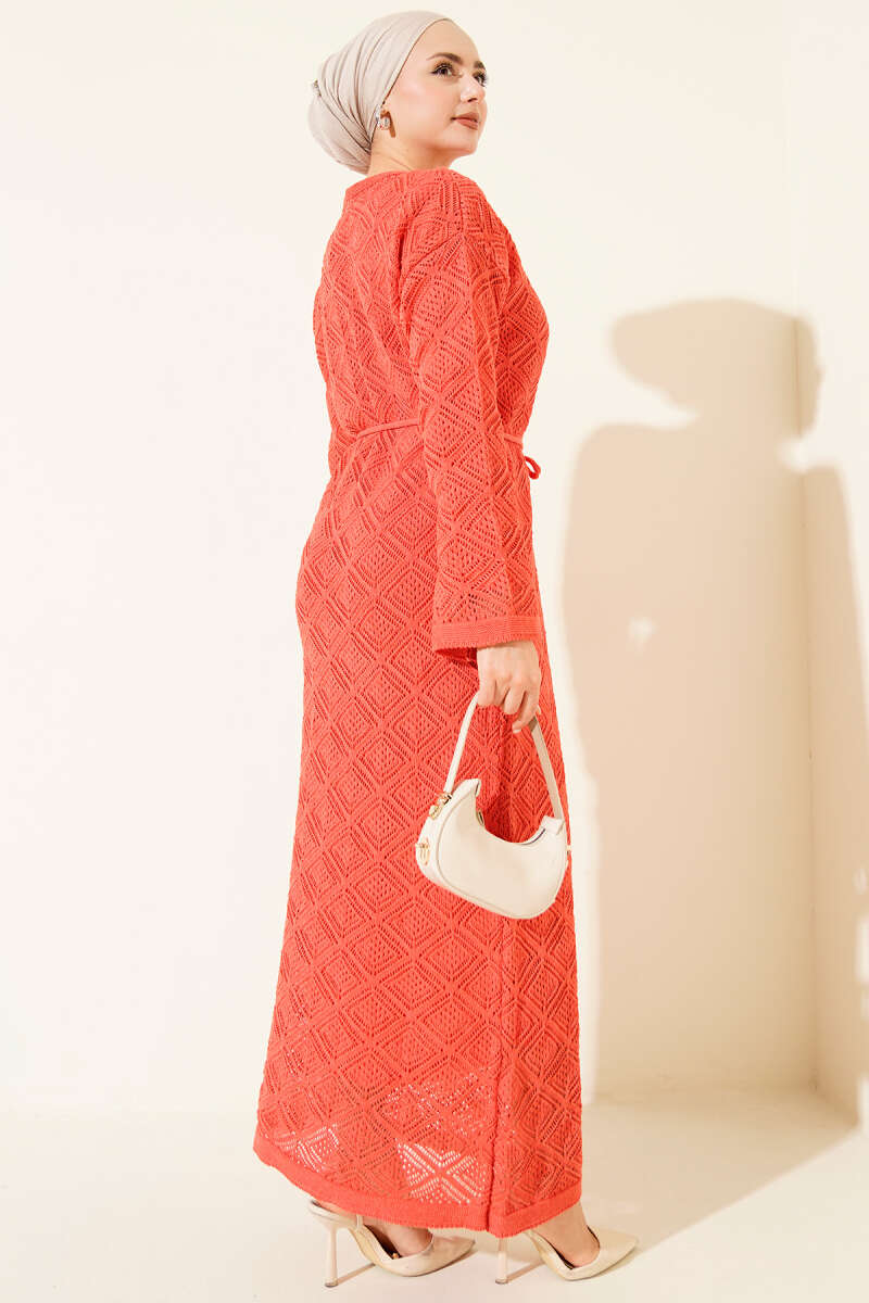 Square Pointelle Knit Dress with Cord Belt - Dusty Rose