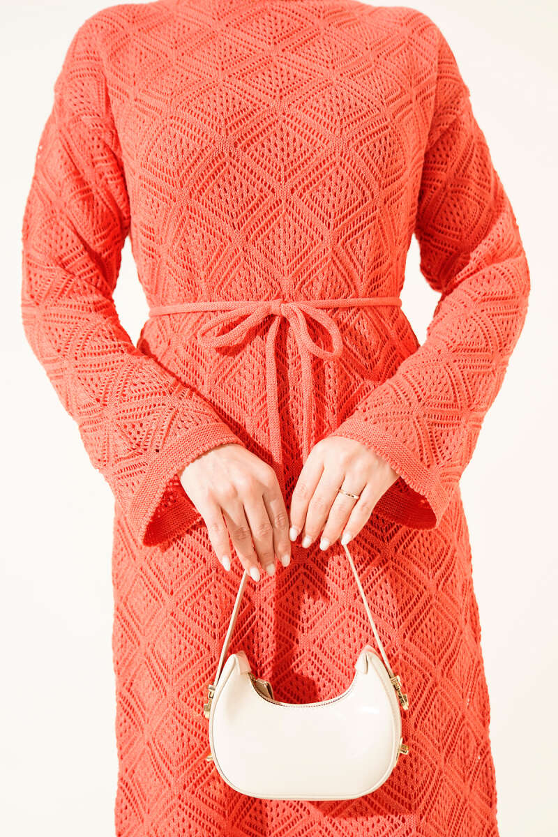 Square Pointelle Knit Dress with Cord Belt - Dusty Rose