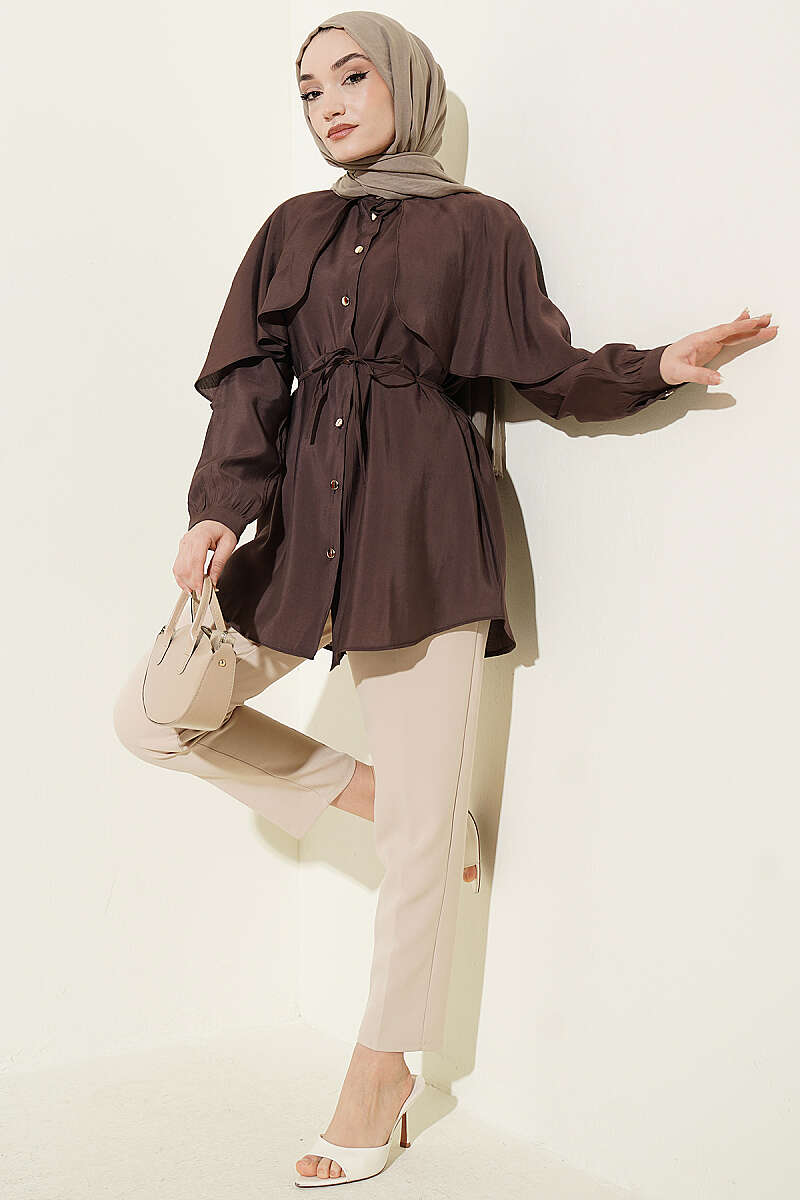 Shirt with Cape Sleeves and Tie Belt - Dark Brown