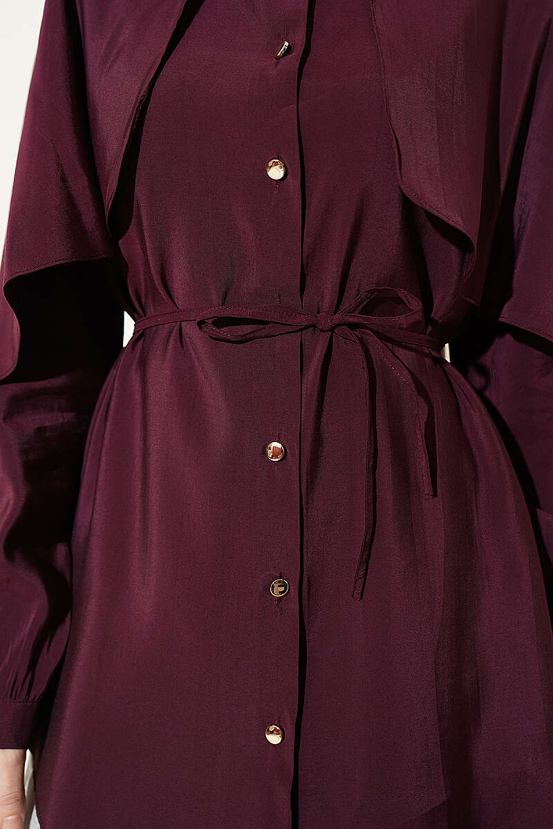 Shirt with Cape Sleeves and Tie Belt - Burgundy
