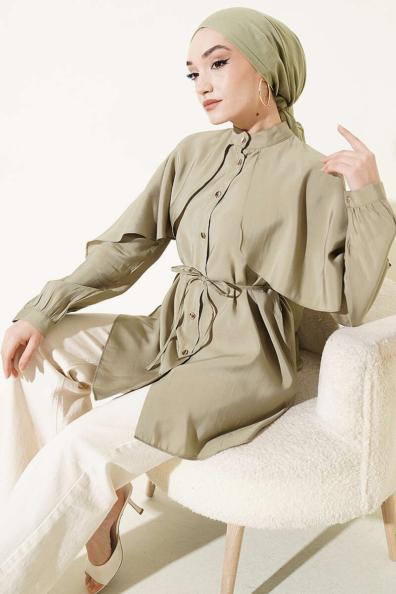Shirt with Cape Sleeves and Tie Belt - Almond Green