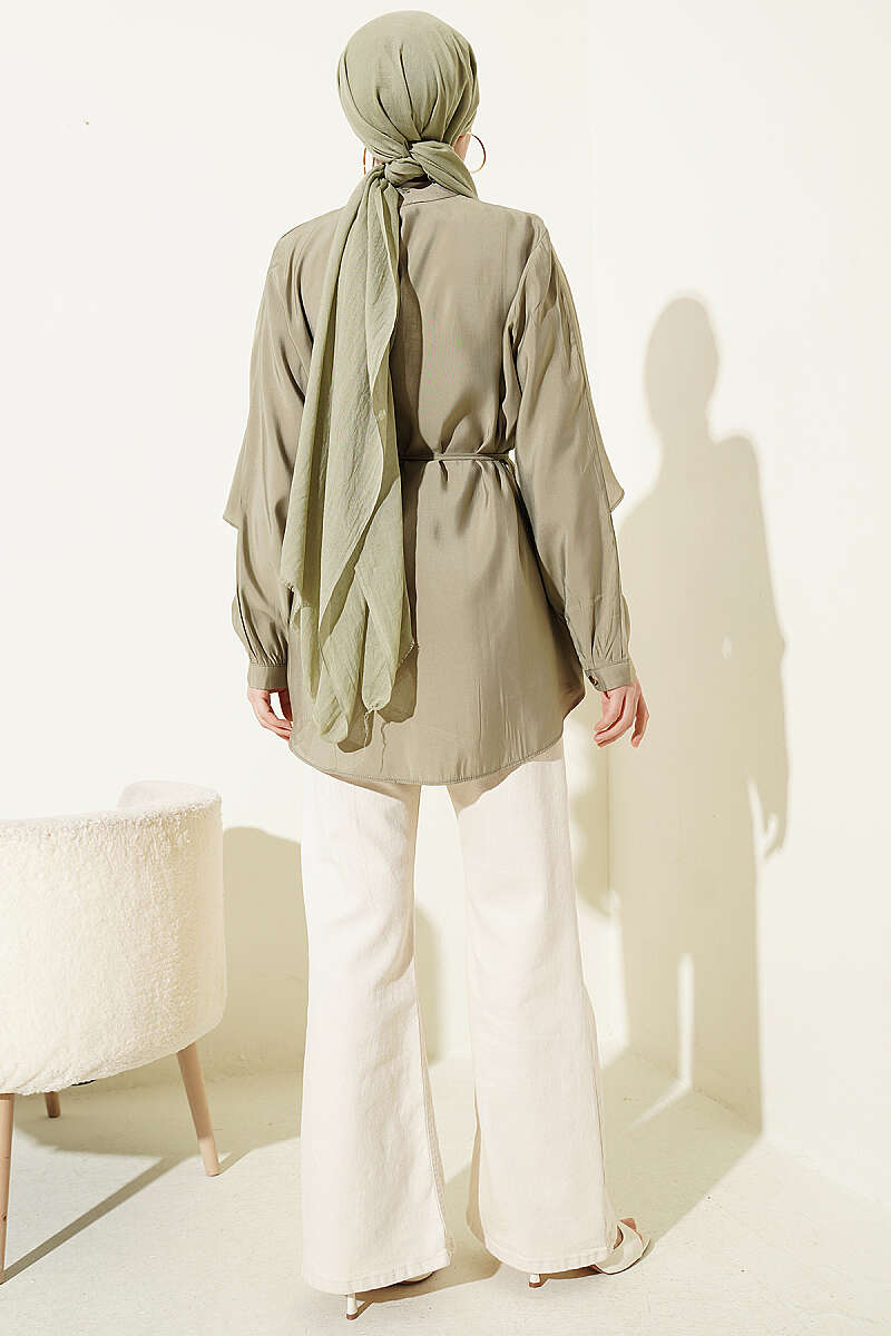 Shirt with Cape Sleeves and Tie Belt - Almond Green