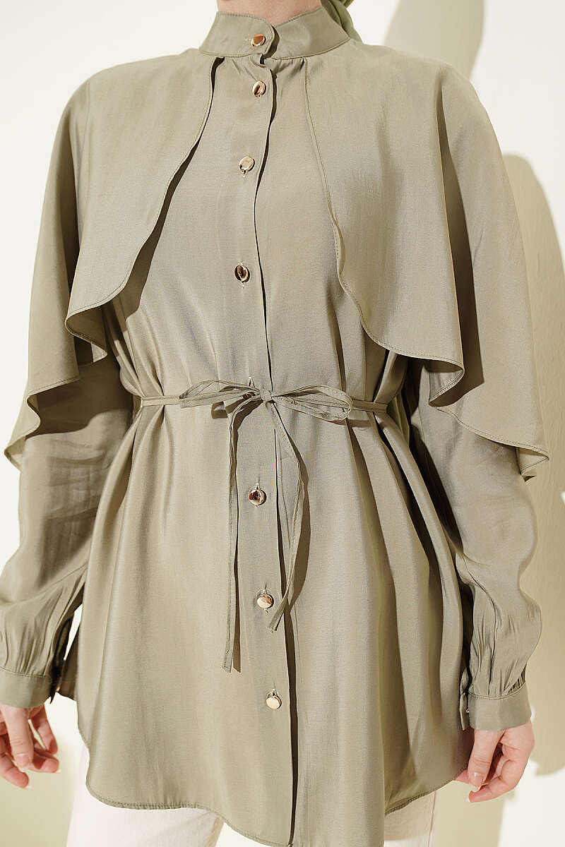 Shirt with Cape Sleeves and Tie Belt - Almond Green