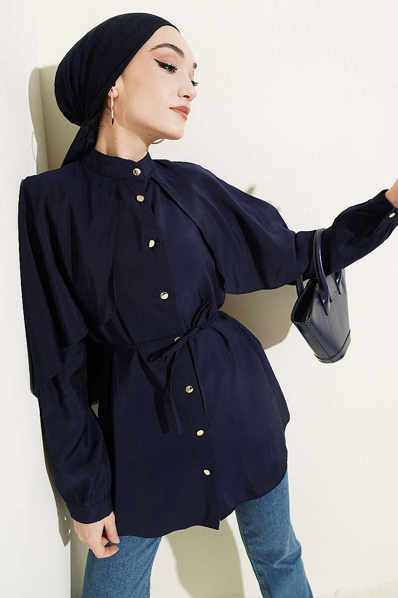 Shirt with Cape Sleeves and Tie Belt - Navy