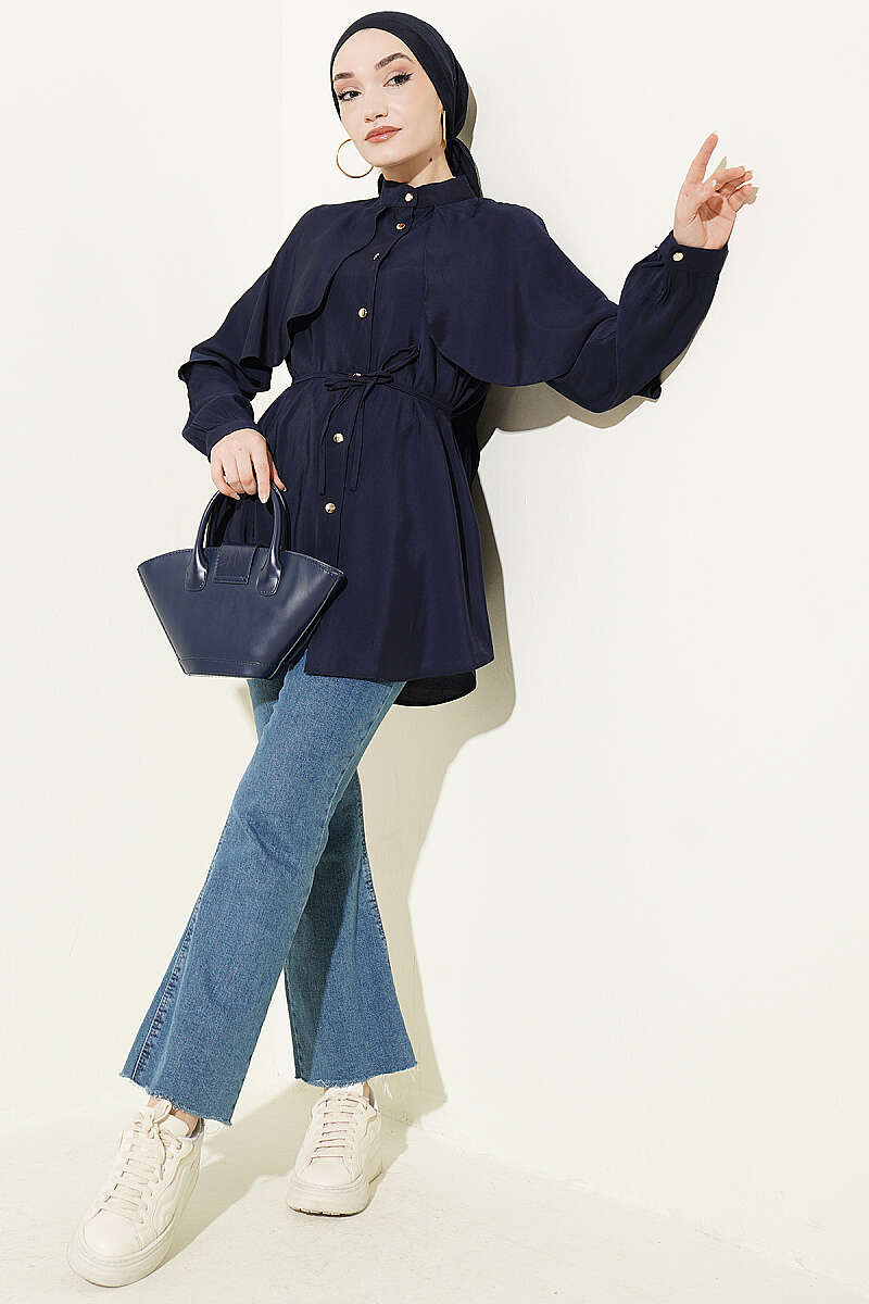 Shirt with Cape Sleeves and Tie Belt - Navy
