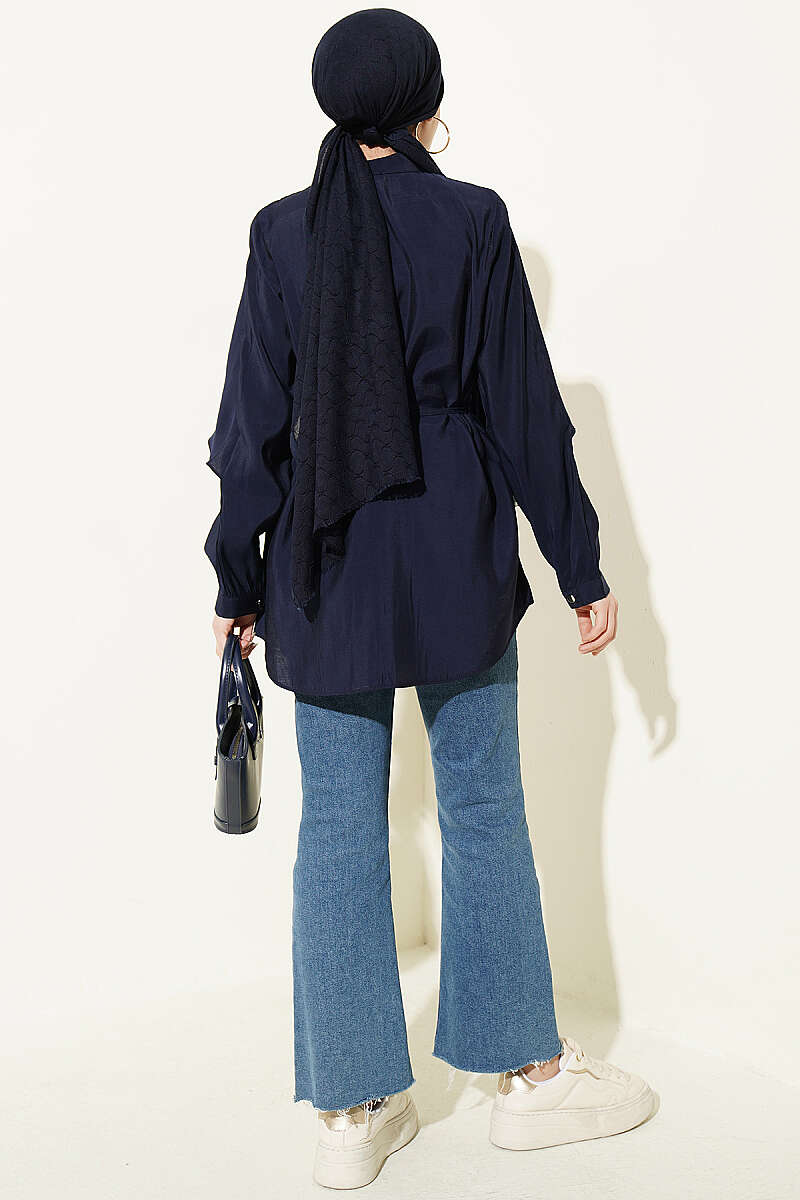 Shirt with Cape Sleeves and Tie Belt - Navy