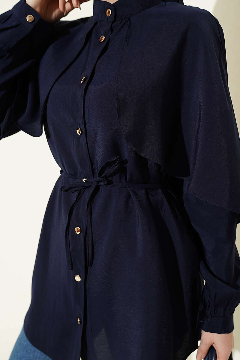 Shirt with Cape Sleeves and Tie Belt - Navy