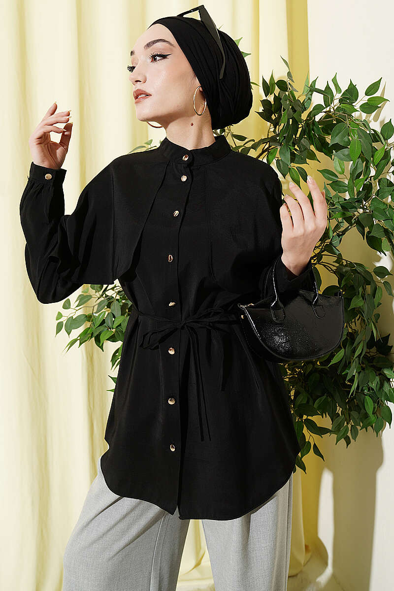 Shirt with Cape Sleeves and Tie Belt - Black