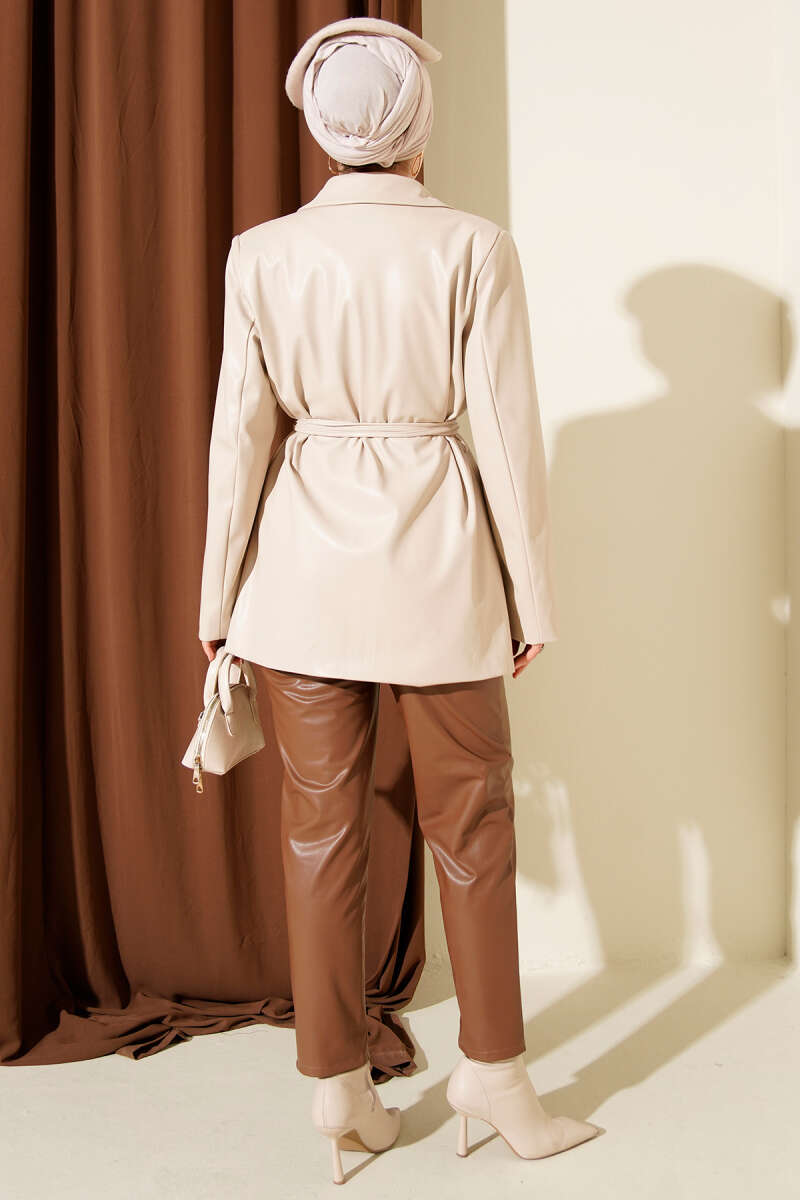 Belted Wrap Faux Leather Jacket - Beige