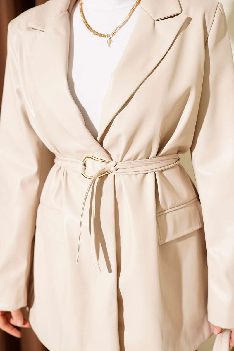 Belted Wrap Faux Leather Jacket - Beige