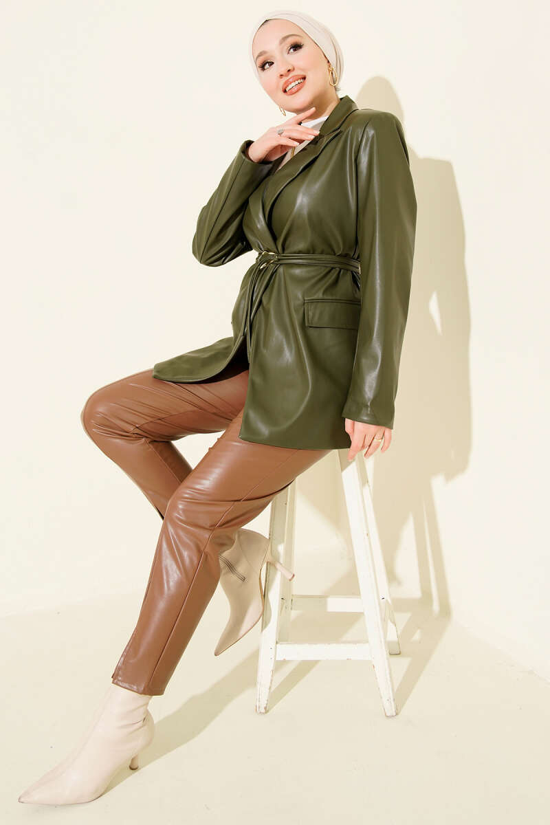 Belted Wrap Faux Leather Jacket - Khaki