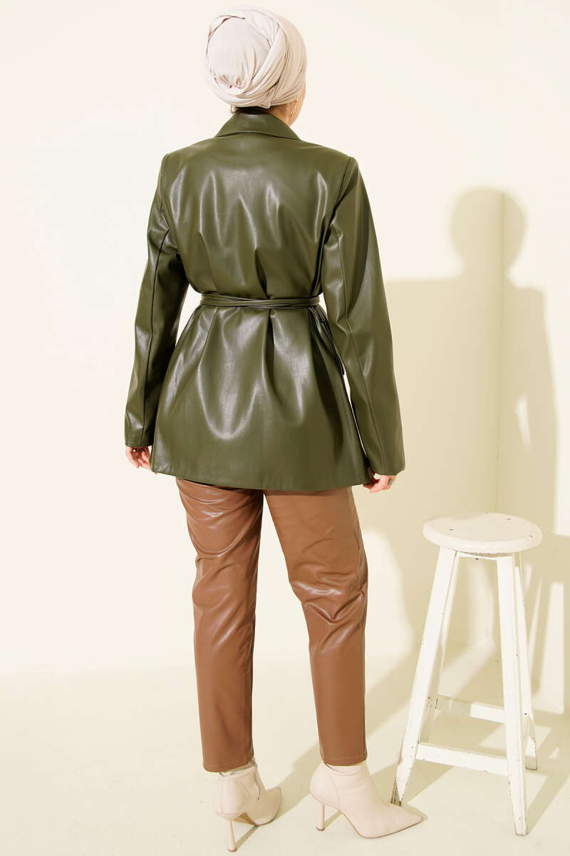 Belted Wrap Faux Leather Jacket - Khaki