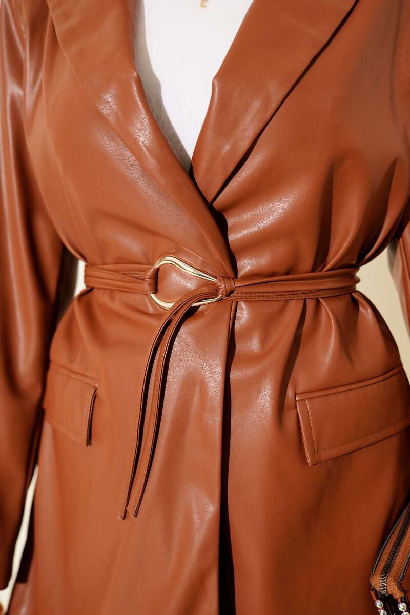 Belted Wrap Faux Leather Jacket - Tan