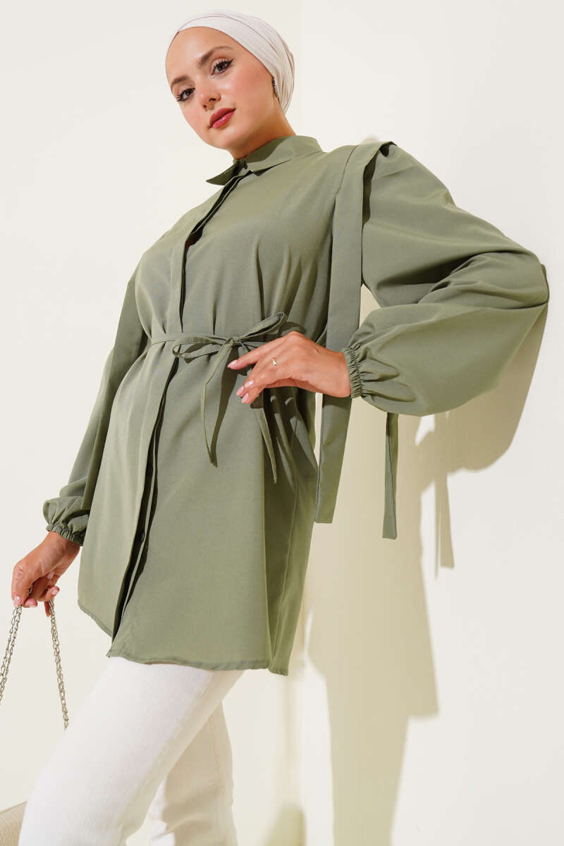 Shirt with Shoulder Cape and Cord Belt - Almond Green