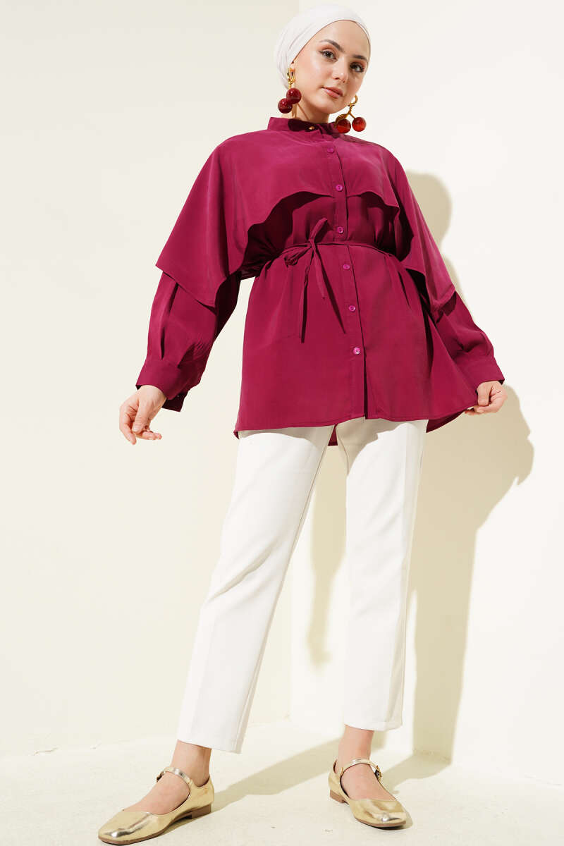 Tencel Shirt with Shoulder Cape and Tie Belt - Burgundy