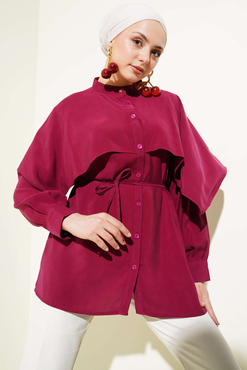 Tencel Shirt with Shoulder Cape and Tie Belt - Burgundy