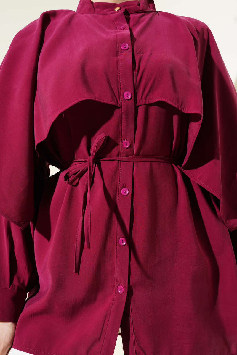 Tencel Shirt with Shoulder Cape and Tie Belt - Burgundy
