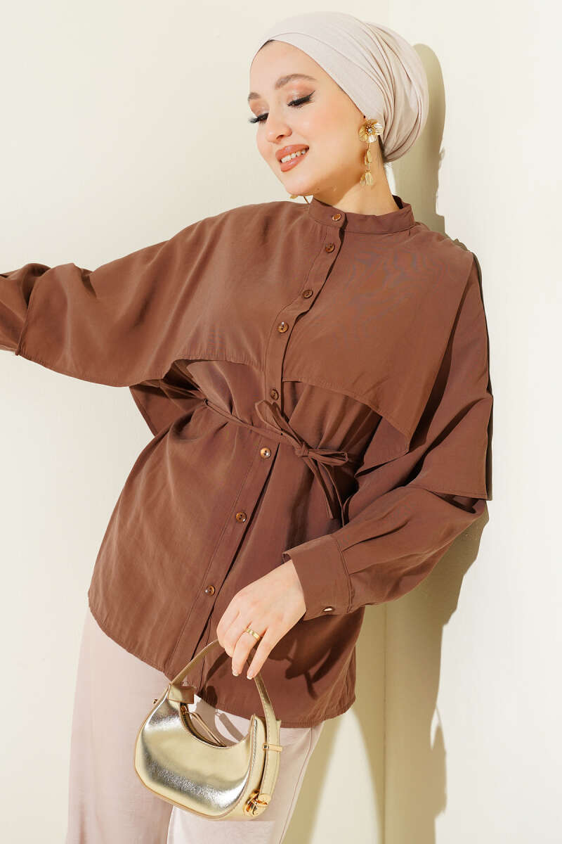 Tencel Shirt with Shoulder Cape and Tie Belt - Brown