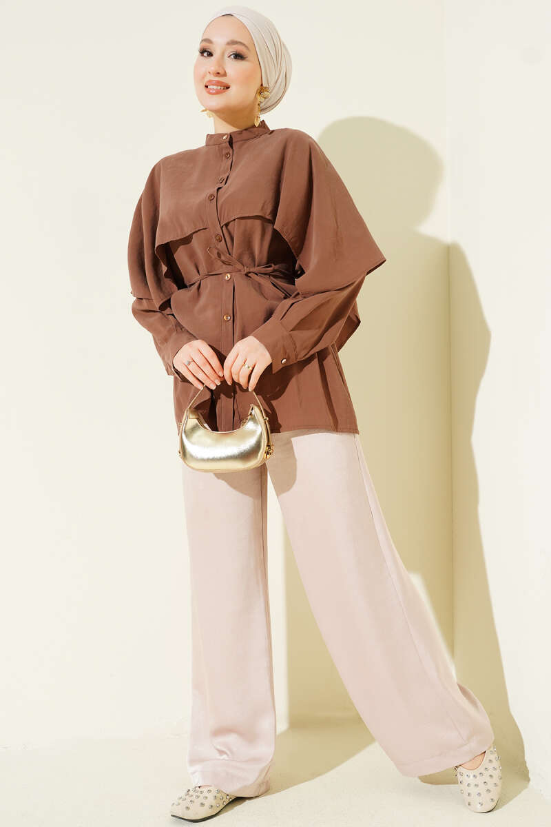 Tencel Shirt with Shoulder Cape and Tie Belt - Brown