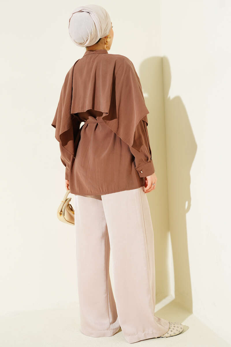 Tencel Shirt with Shoulder Cape and Tie Belt - Brown