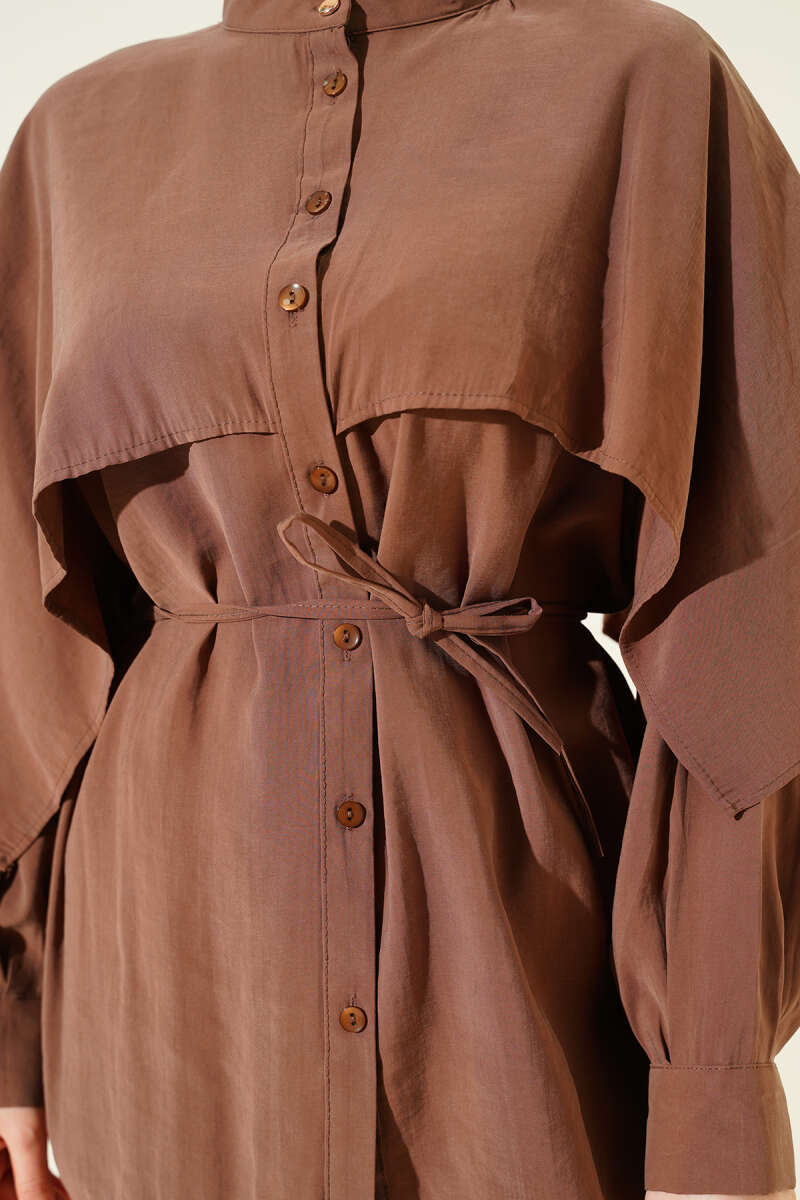 Tencel Shirt with Shoulder Cape and Tie Belt - Brown